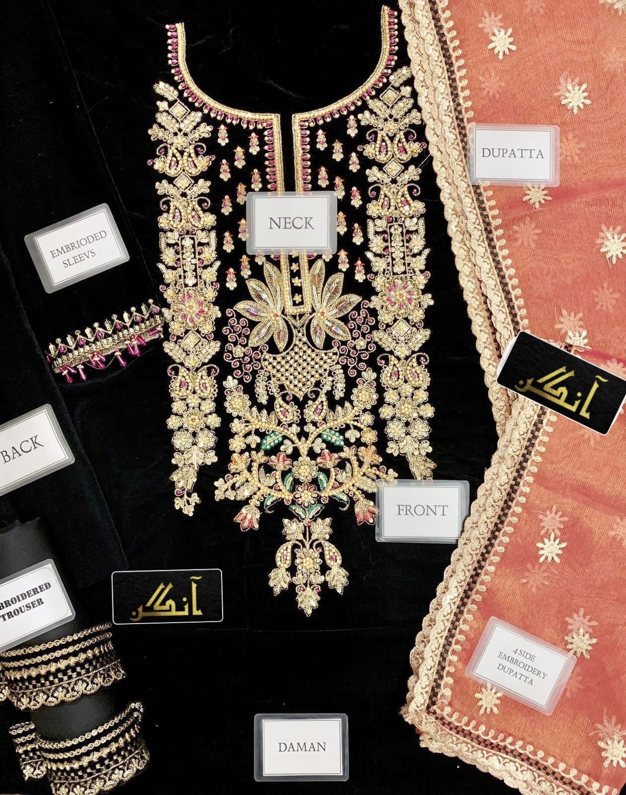 ANGAN Embroidered Hand Embellished Luxury Unstitched 3pc✓