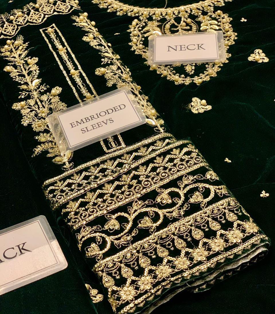 ANEELAS Velvet Embroidered Hand Embellished Luxury Unstitched 3pc✓